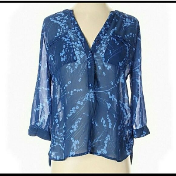 APT. 9 SEMI-SHEER Blue Floral Blouse Small Petite - Picture 1 of 3